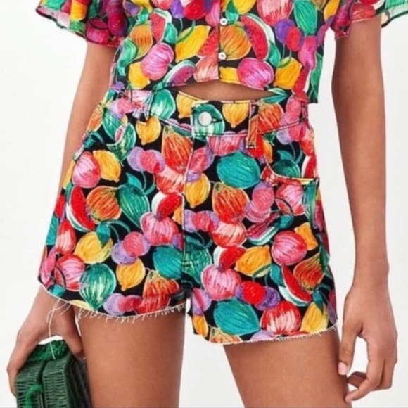 Zara Pants - Zara l High Rise Denim Fruit Print Shorts Size 6